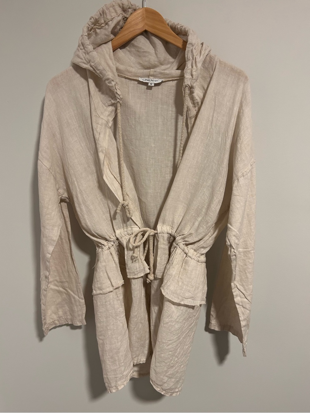 Linen Luv Italy 100% Linen Hooded Ruffle Neutral Cardigan Jacket, Size Small